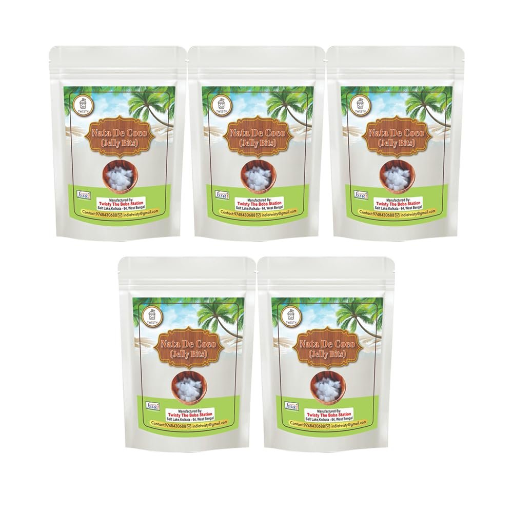 Twisty The Boba Station 200 Gm Nata De Coco Jelly Bits | Coconut Flavored | Refreshing Topping for Bubble Tea, Smoothies, Milkshakes & Ice Cream | Easy to Use | Pack of 5 (1000 Grams)