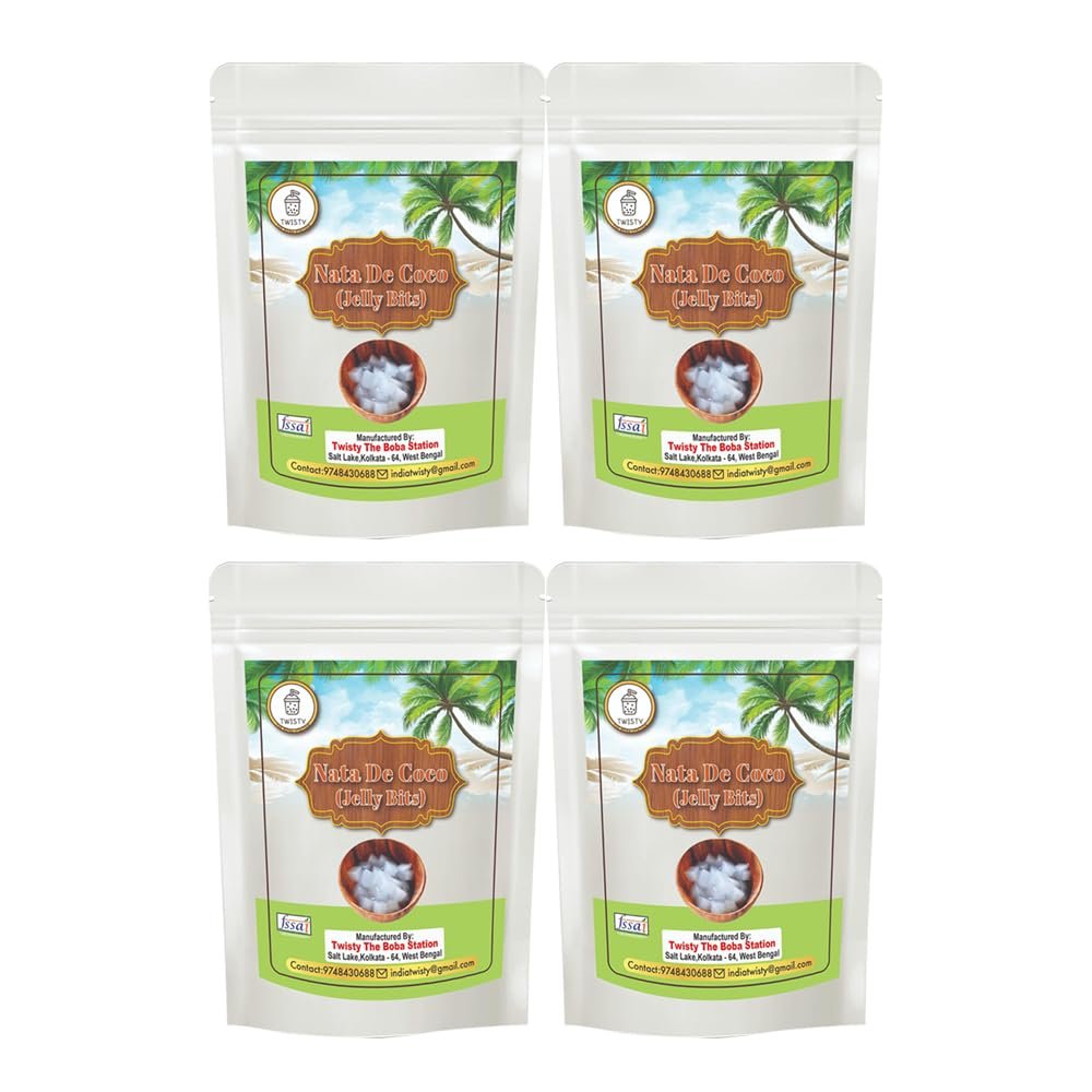 Twisty The Boba Station 500 Gm Nata De Coco Jelly Bits | Coconut Flavored Topping for Bubble Tea, Smoothies, Milkshakes & Ice Cream | Refreshing & Easy to Use | Pack of 4 (2000 Grams)