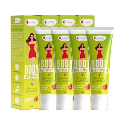 everteen Strawberry Hair Removal Cream for Women 4 x 50g, Suitable for Legs, Hands, Underarms & Back, Painless Hair Remover Cream for Girls with Spatula, All Skin Types - Pack of 4