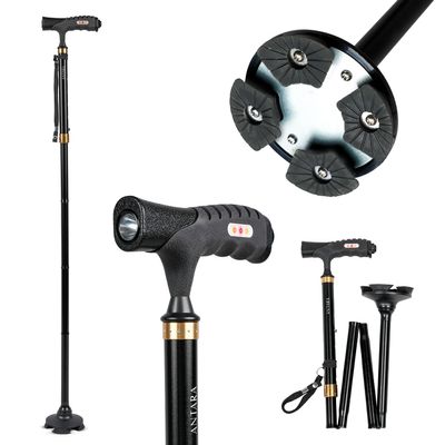 Antara AGEasy (Max Group) Foldable Walking Stick with Built-in LED Light | Adjustable Height (8597 cm) | 360 Pivot Anti-Slip Base, Lightweight Aluminium Cane with Ergonomic Handle (Rich Black)