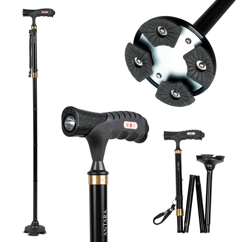 Antara AGEasy (Max Group) Foldable Walking Stick with Built-in LED Light | Adjustable Height (8597 cm) | 360 Pivot Anti-Slip Base, Lightweight Aluminium Cane with Ergonomic Handle (Rich Black)