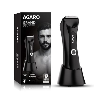 AGARO Grand Body Trimmer, For Beard, Body Shaving, 6 Length Settings, Self Sharpening Ceramic Blades, Waterproof (IPX7), Cordless, LED Torch, Dock Charging