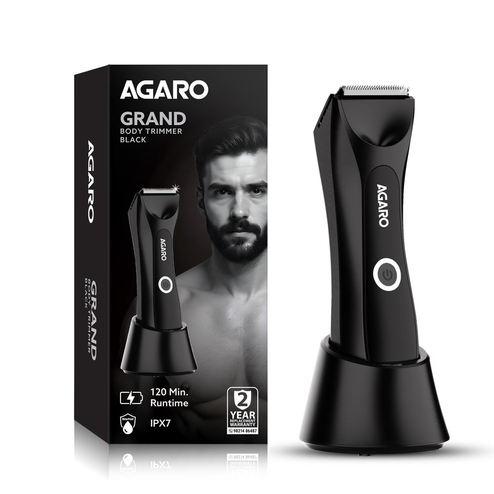 AGARO Grand Body Trimmer, For Beard, Body Shaving, 6 Length Settings, Self Sharpening Ceramic Blades, Waterproof (IPX7), Cordless, LED Torch, Dock Charging