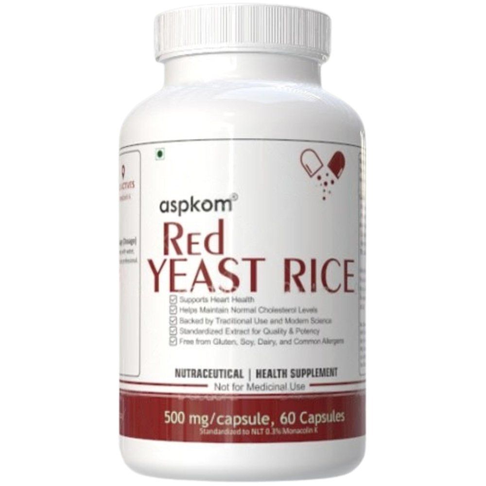 Aspkom Red Yeast Rice Capsules (500mg, 60 Count) Herbal Supplement for Heart Care and Cholesterol Support, Vegan, Pullulan, Extract Standardized to 0.39% Monacolin K