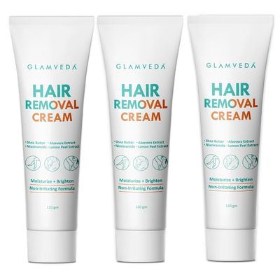 Glamveda Hair Removal Cream For Women (Pack of 3, 120g) | Non Irritating Painless, Moisturize, Skin Brighten | For Sensitive Skin Legs, Underarms, Hands | With Aloevera Extract | All Skin Types