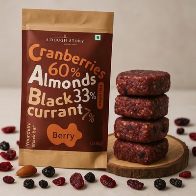 A Dough Story Berry Snack Bar | 60% Cranberries, 33% Almonds, 7% Black Currant | Sugar-Free Natural Fruit & Nut Bar | Healthy On-the-Go Snack Pack of 6