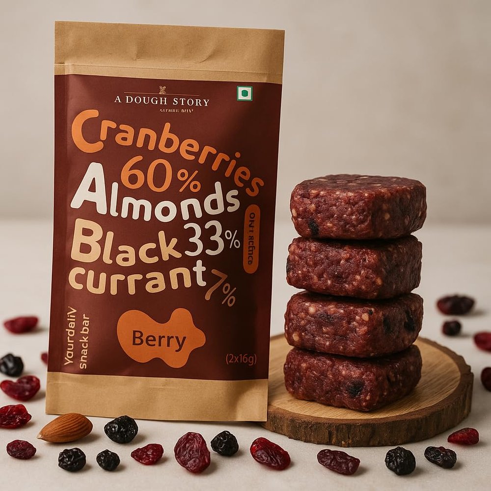 A Dough Story Berry Snack Bar | 60% Cranberries, 33% Almonds, 7% Black Currant | Sugar-Free Natural Fruit & Nut Bar | Healthy On-the-Go Snack Pack of 6