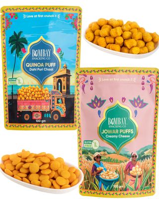 Bombay Snacking Company Quinoa Puff Dahi Puri Chaat & Jowar Puff Creamy Cheese | Gluten-Free, High-Fiber & Baked Healthy Snack | Pack of 2-100 gm each