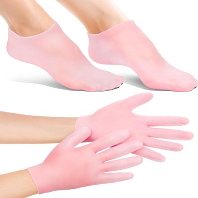 2 Pairs Silicone Moisturizing Glove Socks Set,Anti Slip Soft Spa Gel Socks Softening Feet Dry Cracked Skin,Women Spa Pedicure Socks For Foot Hand Softening (Pink)