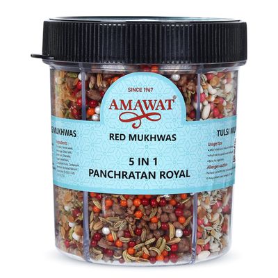 AMAWAT Mukhwas Mouth Freshener 5 IN 1 PANCHRATAN ROYAL- Red Mix, Tulsi Mix, Chocolate Mukhwas, Punjabi Mukhwas, Khus Khus Mukhwas | 300 g