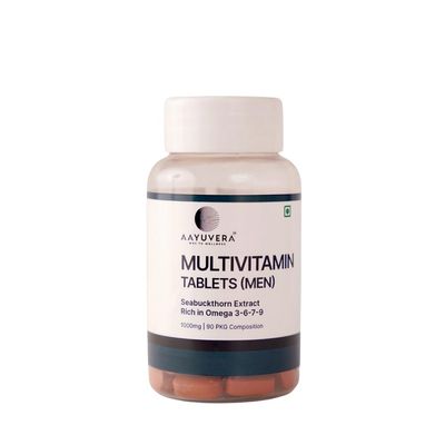 AAYUVERA Multivitamin Tablets for Men 1000mg | With Sea Buckthorn, Ashwagandha, Safed Musli, Shatavari, Mulethi & Saffron | Omega 3-6-7-9 Rich | Daily Energy, Strength & Immunity Support | 90 Tablets