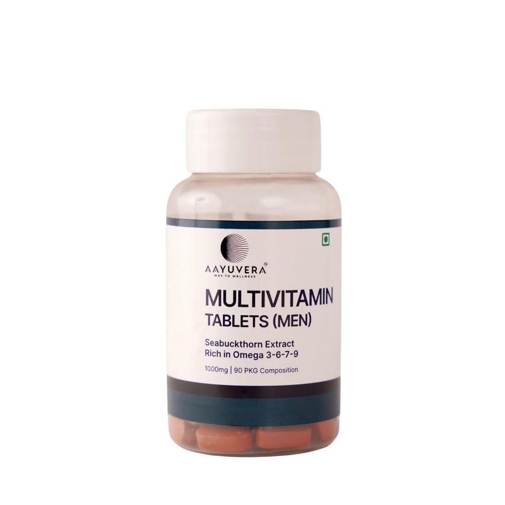 AAYUVERA Multivitamin Tablets for Men 1000mg | With Sea Buckthorn, Ashwagandha, Safed Musli, Shatavari, Mulethi & Saffron | Omega 3-6-7-9 Rich | Daily Energy, Strength & Immunity Support | 90 Tablets