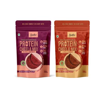 Banter Protein Chilla Mix Pack of 2 Lobia & Carrot (19g Plant Protein) + Moong & Beetroot (22g Plant Protein) | High Fibre, Sprouted Instant Breakfast Mix | Gluten-Free, 100% Natural | No Onion, No Garlic, No Added Sugar | 250g Each