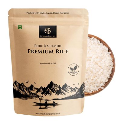 Kashmir Exotics Premium Kashmiri White Rice 400g  100% Pure, Natural & Aromatic  Great for Pulao, Khichdi, Biryani & Desserts  Hygienically Sealed Premium Grain