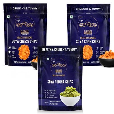 Evolve Soya Chips Combo | Soya Corn, Soya Pudina & Soya Cheese Chips, Crunchy Protein Snack, Wholesome & Tasty | No Palm Oil, Healthy Snacks For Adults | 195g (65g Each, Pack Of 3)