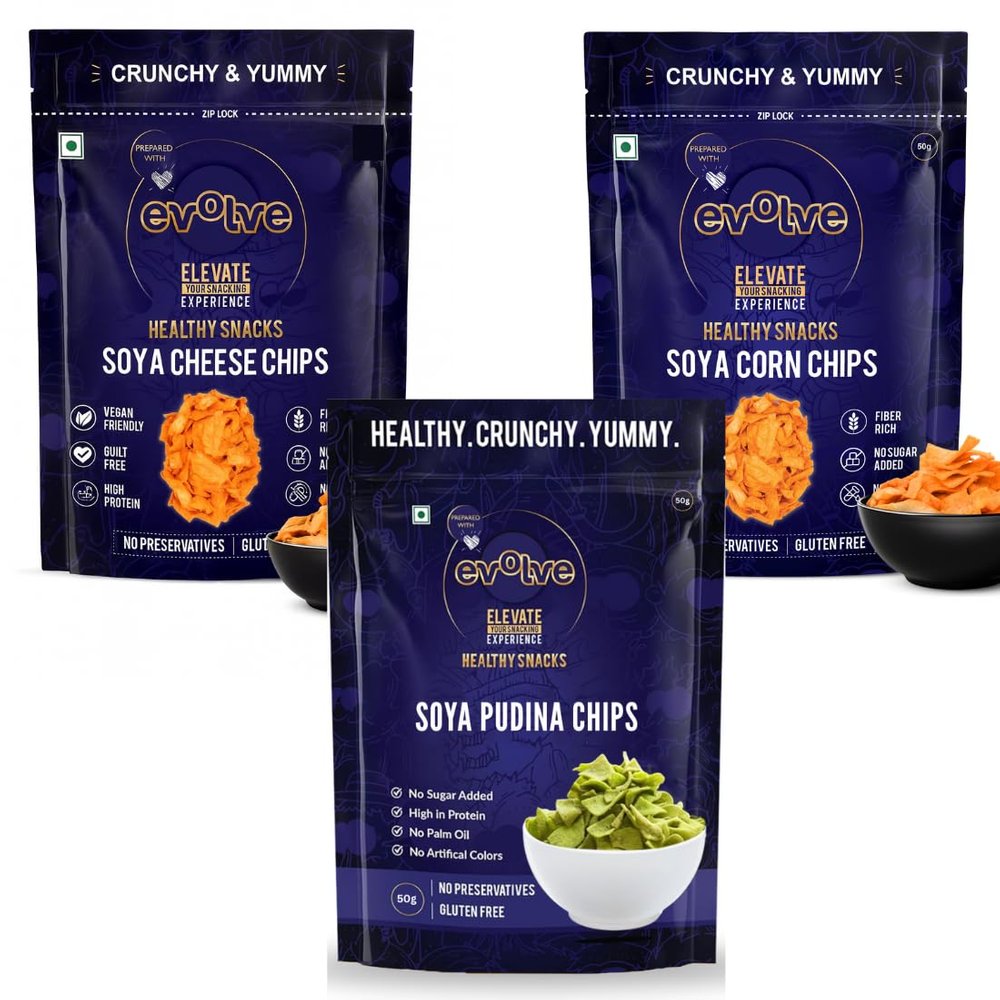 Evolve Soya Chips Combo | Soya Corn, Soya Pudina & Soya Cheese Chips, Crunchy Protein Snack, Wholesome & Tasty | No Palm Oil, Healthy Snacks For Adults | 195g (65g Each, Pack Of 3)