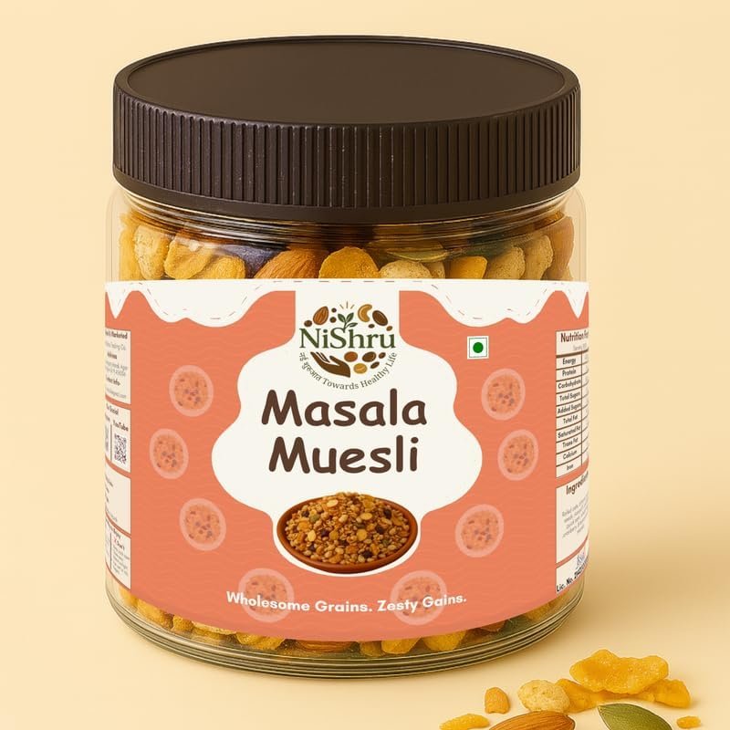 NISHRU Masala Muesli | Spicy & Savory Indian Breakfast Cereal | High-Fiber Healthy Snack with Oats, Nuts, Seeds & Whole Grains | Crunchy Wholesome Mix for Active Lifestyle | 100 gram