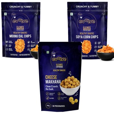 Evolve Healthy Snacks Pack of 3 Soya corn chips, Moong dal Chips 100gm and Cheese makhana 60gm | All Natural Millets and Grains | Vacuum Cooked | No Added Preservatives