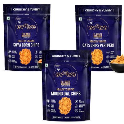 Evolve Healthy Snacks Pack of 3 Moong dal Chips, Soya corn chips and Oats chips 100gm | All Natural Millets and Grains | Vacuum Cooked | No Added Preservatives