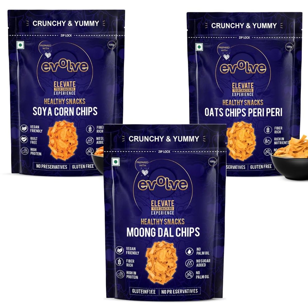 Evolve Healthy Snacks Pack of 3 Moong dal Chips, Soya corn chips and Oats chips 100gm | All Natural Millets and Grains | Vacuum Cooked | No Added Preservatives