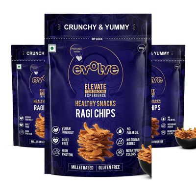 Evolve Ragi Chips | Finger Millet Snack, Crispy, Healthy, Made With Natural Ingredients, Preservative-Free | High Fibre, Perfect Guilt-Free Crunchy Snack | 195g (65g Each, Pack Of 3)