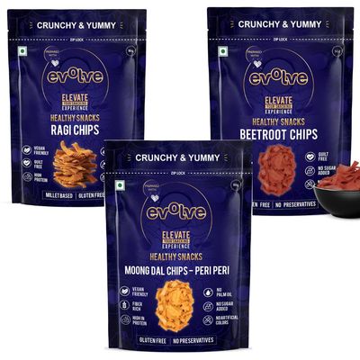 Evolve Bestselling combo | Ragi, Moong Dal & Beetroot Snack Trio, Light, Crunchy, Wholesome & Tasty | No Palm Oil and Preservative-Free, Healthy Snacks| 195g (65g Each, Pack Of 3)