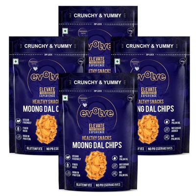 Evolve Moong Dal Chips | Crispy Snack, Protein-Packed, Wholesome & Tasty Munchies, Gluten-Free | No Maida, No Palm Oil | Healthy Snacks For Adults | 220g (55g Each, Pack of 4)