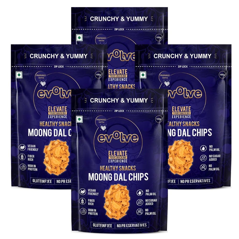 Evolve Moong Dal Chips | Crispy Snack, Protein-Packed, Wholesome & Tasty Munchies, Gluten-Free | No Maida, No Palm Oil | Healthy Snacks For Adults | 220g (55g Each, Pack of 4)