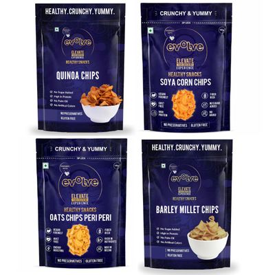 Evolve Supergrain Combo | Oats Chips, Quinoa Chips, Soya Corn Chips & Barlet Millet Chips, Supergrain Snack Trio, Crunchy, Wholesome And Tasty | 220g (55g Each, Pack Of 4)