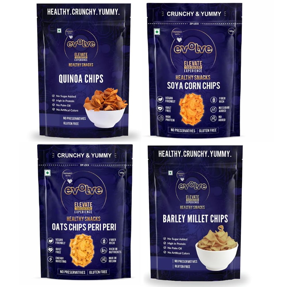 Evolve Supergrain Combo | Oats Chips, Quinoa Chips, Soya Corn Chips & Barlet Millet Chips, Supergrain Snack Trio, Crunchy, Wholesome And Tasty | 220g (55g Each, Pack Of 4)