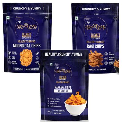Evolve Ragi Chips, Moong dal Chips and Makhana chips 100gm | All Natural Millets and Grains | Vacuum Cooked | No Added Preservatives | Healthy Snacks Pack of 3