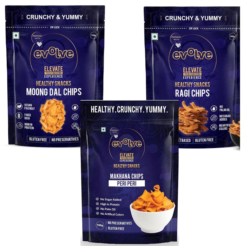 Evolve Ragi Chips, Moong dal Chips and Makhana chips 100gm | All Natural Millets and Grains | Vacuum Cooked | No Added Preservatives | Healthy Snacks Pack of 3