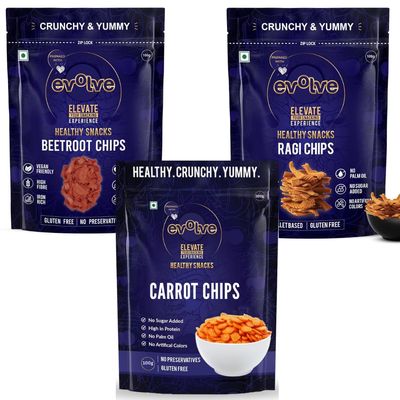 Evolve Healthy Snacks Pack of 3 Carrot chips, Beet root chips and Ragi Chips 100gm | All Natural Millets and Grains | Vacuum Cooked | No Added Preservatives