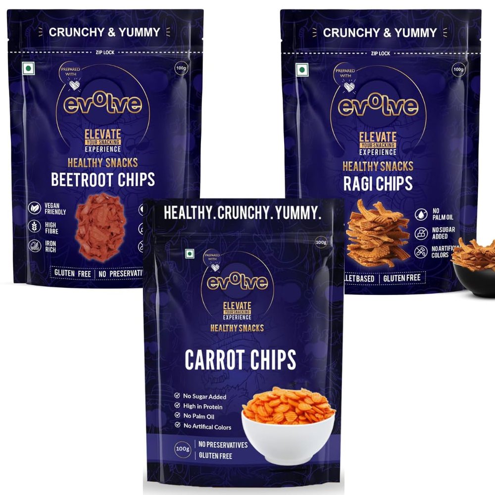Evolve Healthy Snacks Pack of 3 Carrot chips, Beet root chips and Ragi Chips 100gm | All Natural Millets and Grains | Vacuum Cooked | No Added Preservatives