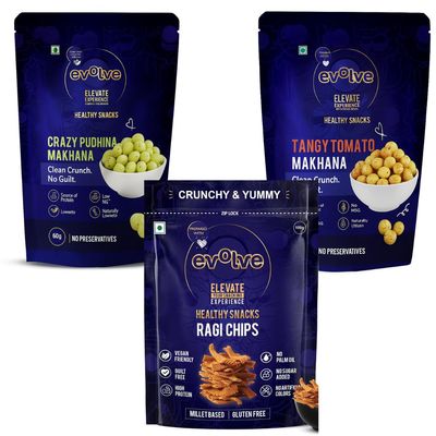 Evolve Healthy Snacks Pack of 3 Ragi Chips 100gm, Pudina makhana and Tomato makhana 60 gram | All Natural Millets and Grains | Vacuum Cooked | No Added Preservatives