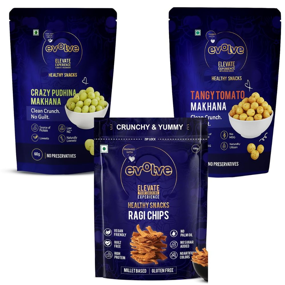 Evolve Healthy Snacks Pack of 3 Ragi Chips 100gm, Pudina makhana and Tomato makhana 60 gram | All Natural Millets and Grains | Vacuum Cooked | No Added Preservatives