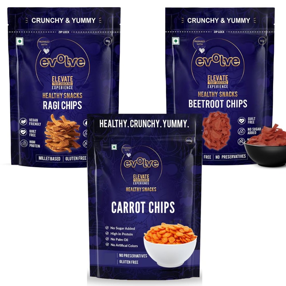 Evolve Veggie Crunch Combo | Carrot, Beetroot & Ragi Chips, Crunchy Snack Made With Real Veggies And Grains, Wholesome And Tasty Healthy Snack for Adults | 195g (65g Each, Pack Of 3)