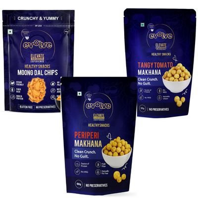 Evolve Healthy Snacks Pack of 3 Moong dal Chips 100gm, Tomato makhana and Peri peri makhana 60gm | All Natural Millets and Grains | Vacuum Cooked | No Added Preservatives