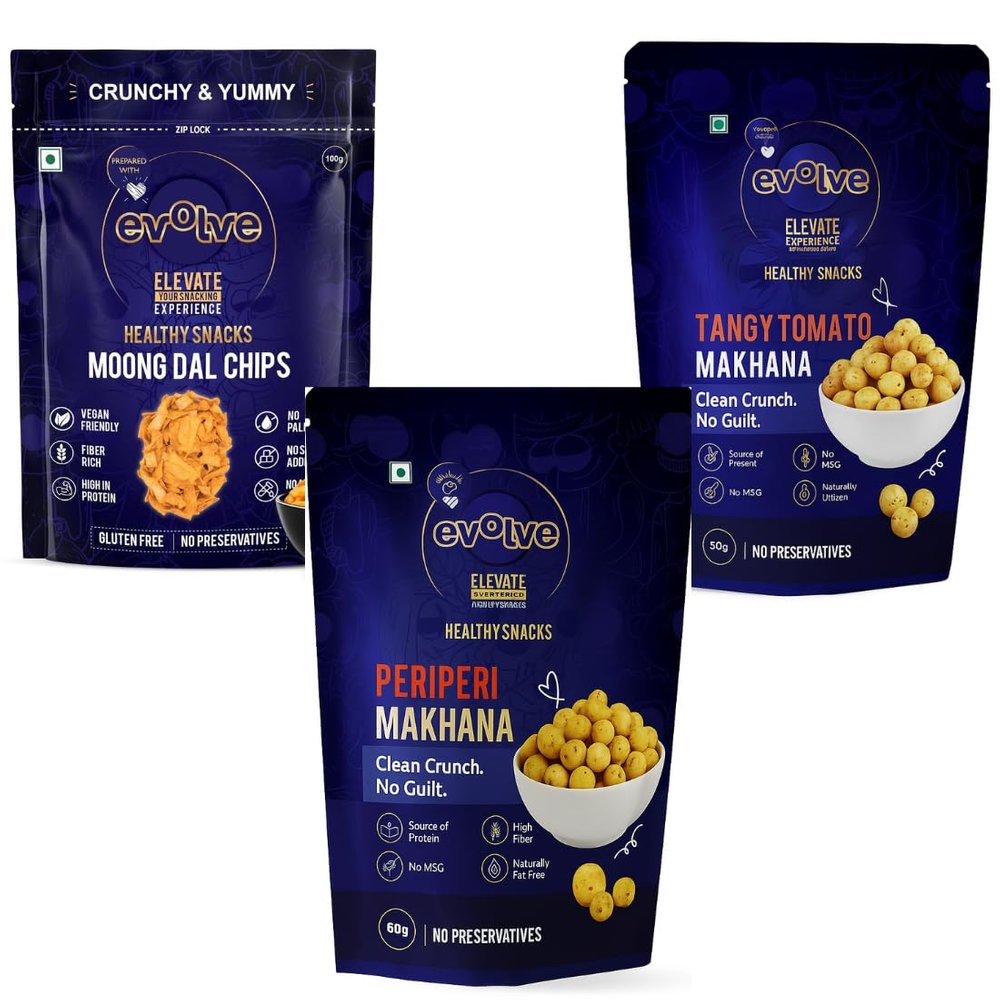 Evolve Healthy Snacks Pack of 3 Moong dal Chips 100gm, Tomato makhana and Peri peri makhana 60gm | All Natural Millets and Grains | Vacuum Cooked | No Added Preservatives