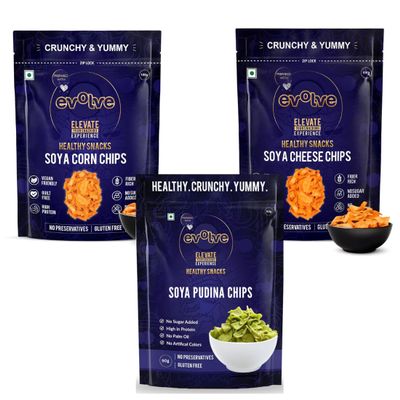 Evolve Healthy Snacks Pack of 3 | Soya corn chips, Soya pudina chips and Soya cheese chips 100gm | All Natural Millets and Grains | Vacuum Cooked | No Added Preservatives