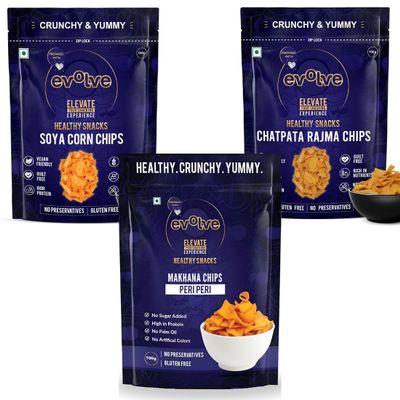 Evolve Healthy Snacks Pack of 3 Soya corn chips, Makhana chips and Rajma Chips 100gm | All Natural Millets and Grains | Vacuum Cooked | No Added Preservatives