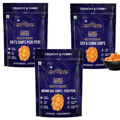 Evolve Balanced Bite Combo | Soya Corn Chips, Moong Dal Chips, Oats Chips | Crunchy Healthy Snack Trio Rich In Protein & Fibre, Wholesome & Tasty Munchies | 195g (65g Each, Pack Of 3)