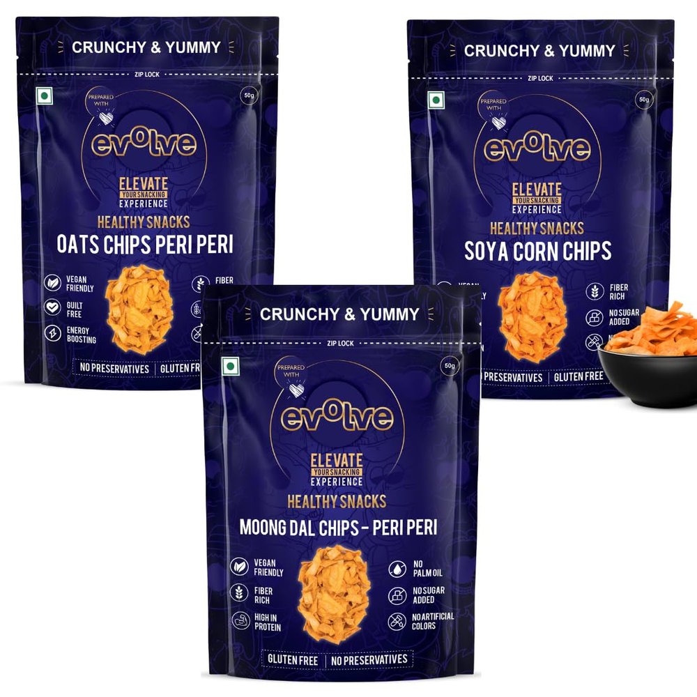 Evolve Balanced Bite Combo | Soya Corn Chips, Moong Dal Chips, Oats Chips | Crunchy Healthy Snack Trio Rich In Protein & Fibre, Wholesome & Tasty Munchies | 195g (65g Each, Pack Of 3)