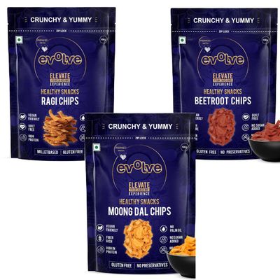 Evolve Healthy Snacks Pack of 3 | Ragi Chips, Moong dal Chips and Beetroot chips 100gm | All Natural Millets and Grains | Vacuum Cooked | No Added Preservatives