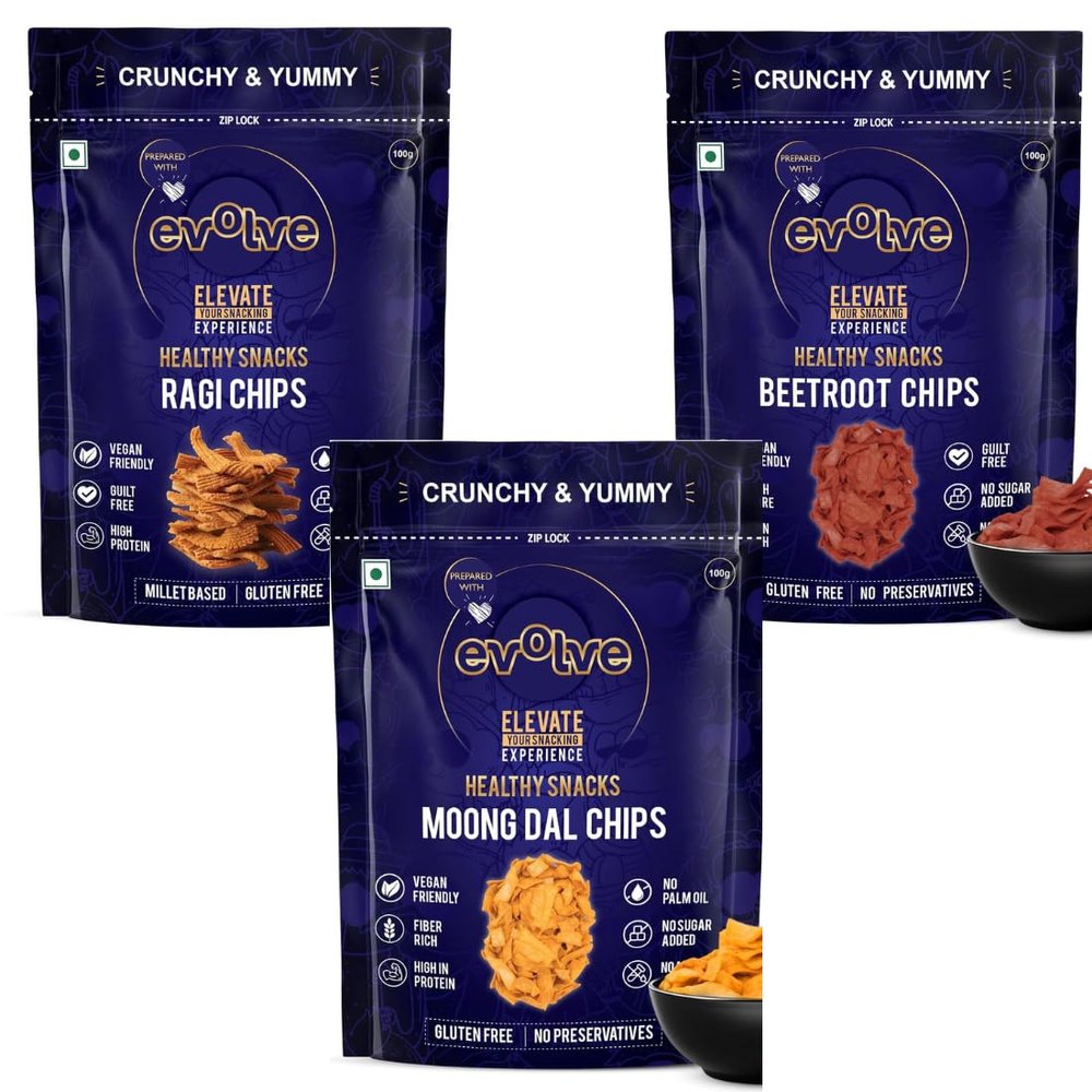 Evolve Healthy Snacks Pack of 3 | Ragi Chips, Moong dal Chips and Beetroot chips 100gm | All Natural Millets and Grains | Vacuum Cooked | No Added Preservatives