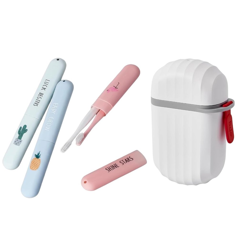 DOT CART Plastic Toothbrush Holder Pack of 3 | Multicolor Portable Travel Toothbrush Case | Hygienic Toothbrush Storage Box for Bathroom & Travel (3 Pastel Toothbrush + 1 Soap Dispenser)