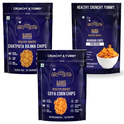 Evolve Protein Power Combo | Soya Corn, Makhana & Rajma Chips, Crunchy High-Protein Treat, Wholesome & Tasty | Healthy Snacks For Adults | 195g (65g Each, Pack Of 3)