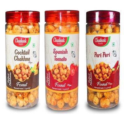 CHAHAK Roasted & Flavored Makhana/Phool Makhana/Spanish Tomato and Cocktail Chakhna and Peri Peri Fox Nut (3 x 80 g)