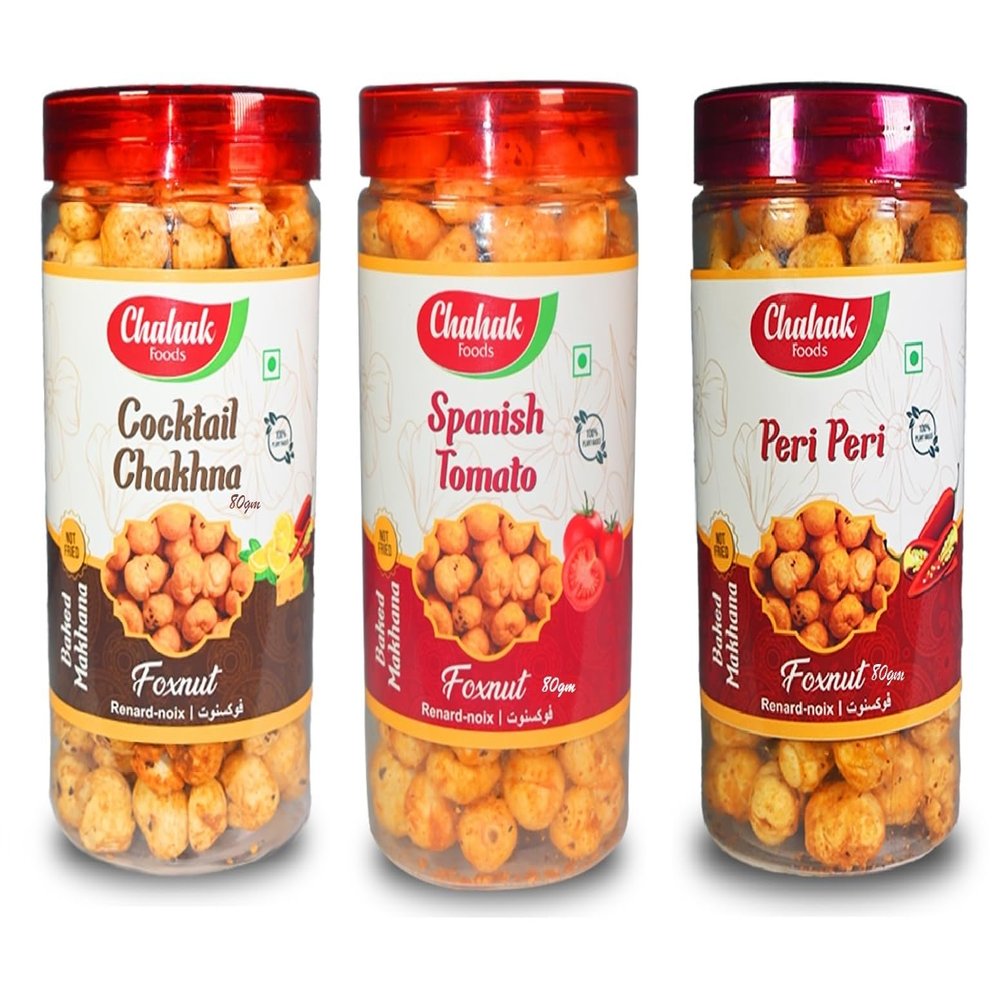 CHAHAK Roasted & Flavored Makhana/Phool Makhana/Spanish Tomato and Cocktail Chakhna and Peri Peri Fox Nut (3 x 80 g)