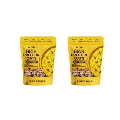 GrowFitz 25g High Protein Oats 800 Gram | Kulfi Flavor Breakfast Oatmeal | 12g High Fiber, Almonds, Raisin, Pumpkin, Chia Seeds, Super Rolled Oats | Healthy Fats, No Added Sugar (Pack of 2)